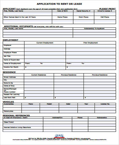 rent lease application form example