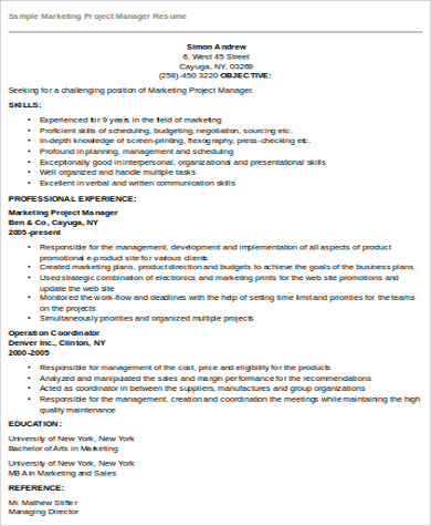 marketing project manager resume pdf