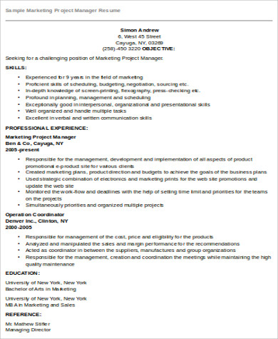 marketing project management resume templates