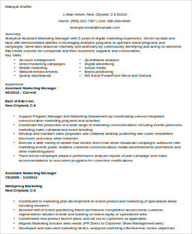assistant marketing manager resume format