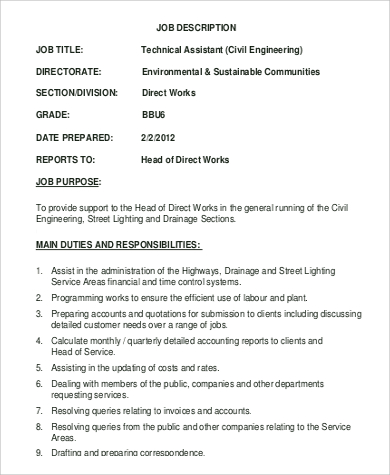 technical assistant engineer job description