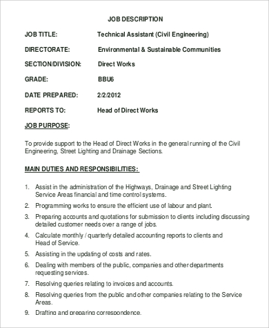 8+ Assistant Engineer Job Description Samples  Sample 