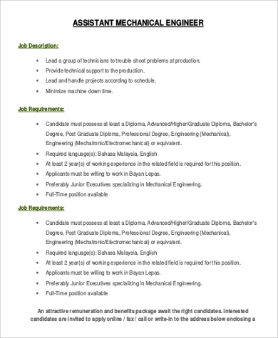 assistant mechanical engineer job description pdf
