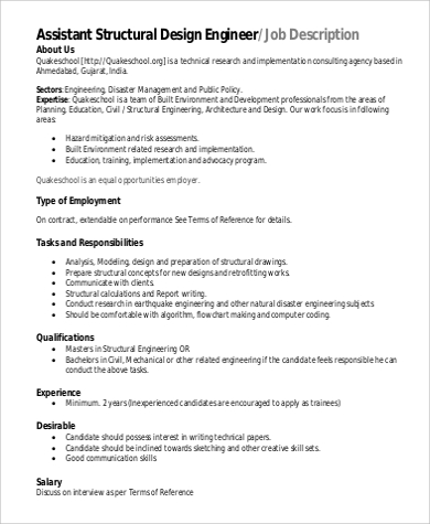 assistant structural design engineer job description format