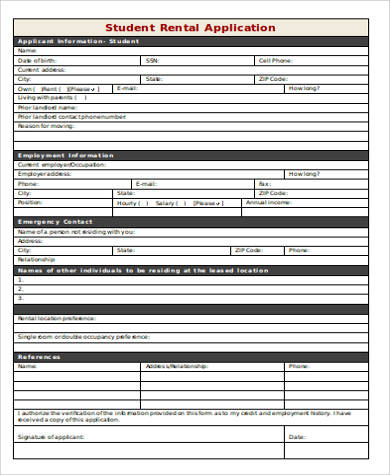 student rental application form in word