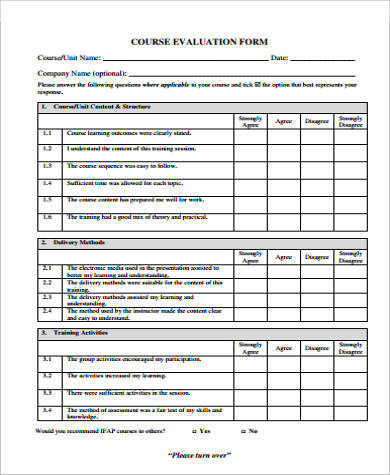 training course evaluation form 1