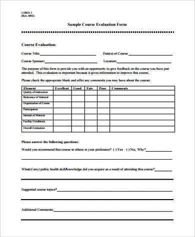 sample course evaluation form in pdf