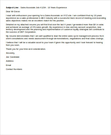 email cover letter format for sales associate job