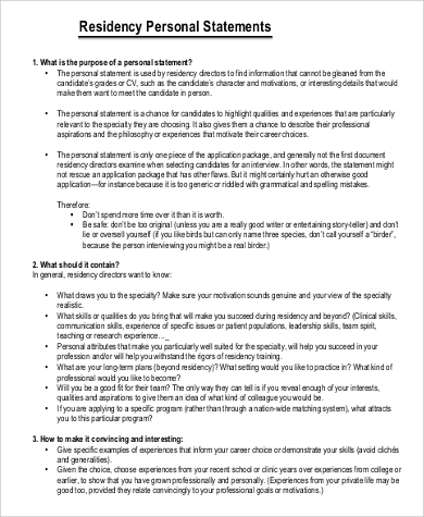personal statement residency guidelines