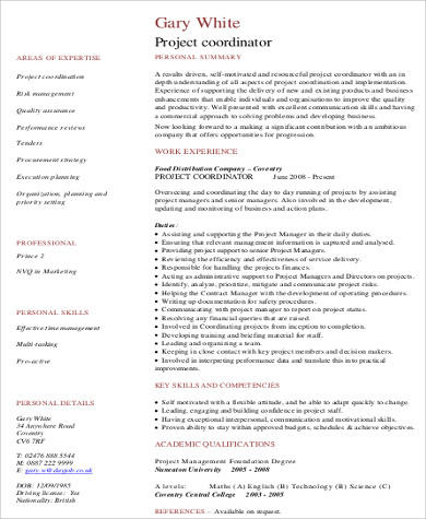 experienced project coordinator resume format