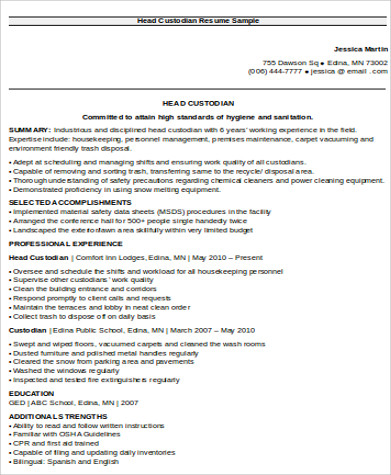 head custodian resume format