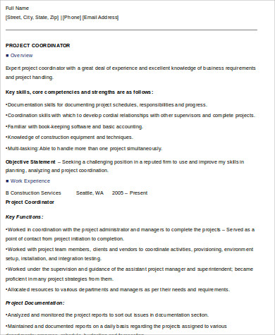 project coordinator resume skills example