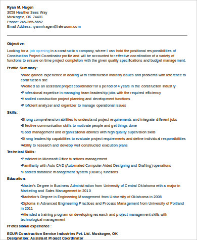 construction project coordinator resume