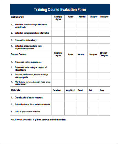 free training course evaluation form sample