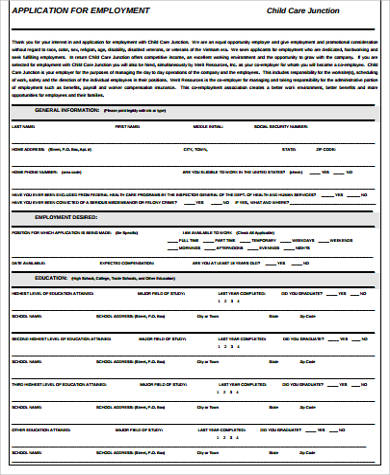 printable child care employment application