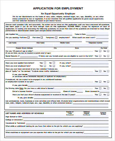 printable job sample applications Application  Sample Printable Employment   8 in Examples