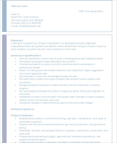 project coordinator job summary resume1