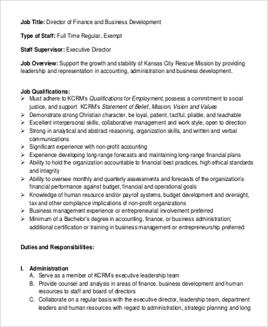 Job Description For Finance Manager Sample : Financial Manager Job Description - 8+ Free Word, PDF ... : 1.management by objectives (mbo) method this is one of the best methods for the judgment of an employee's performance, where the managers and employees set a particular objective for employees and evaluate their performance periodically.