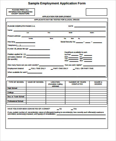 printable employment application form sample