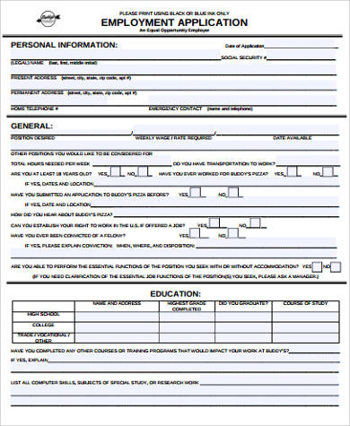 printable employment application example