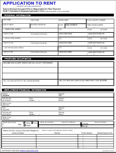 sample residential lease application form