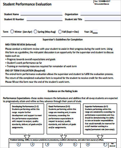 sample student performance evaluation form pdf