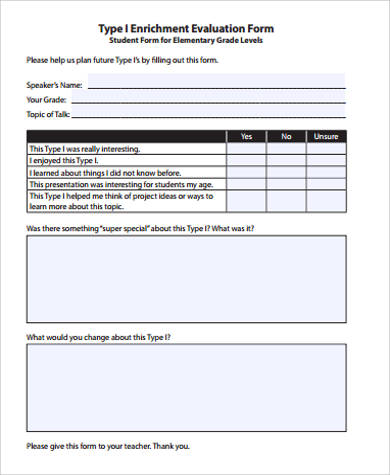 elementary student evaluation form