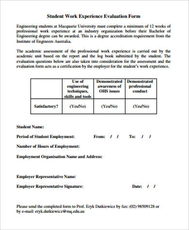 work experience student evaluation form