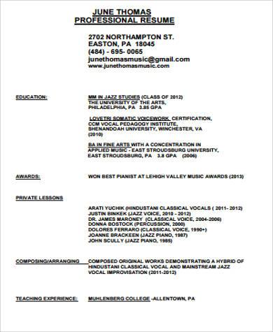 professional music resume