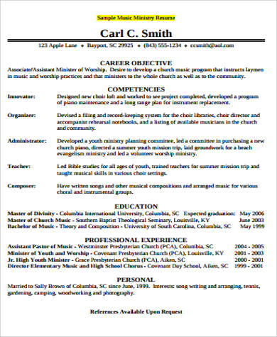 music ministry resume example