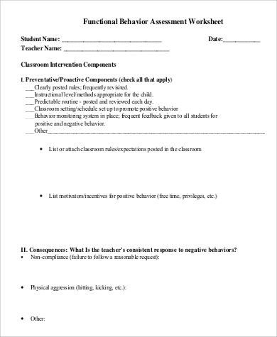 functional behavior assessment form worksheet