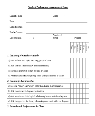 student performance assessment form sample