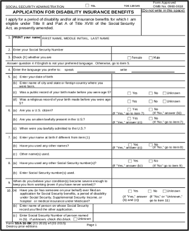 social security disability application form