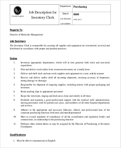inventory purchasing clerk job description