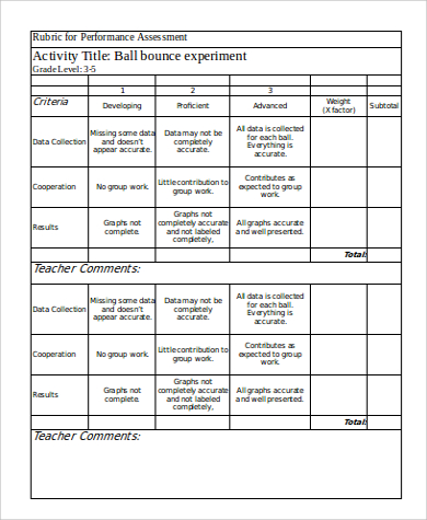 rubric for performance assessment in word