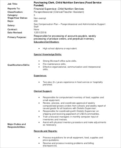 food purchasing clerk job description format