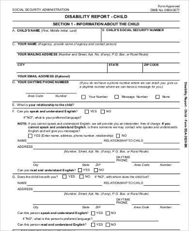 security child for social number Application in  Examples PDF Word,   9 Disability Sample Form