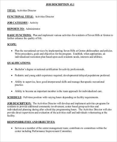 recreation activity director job description