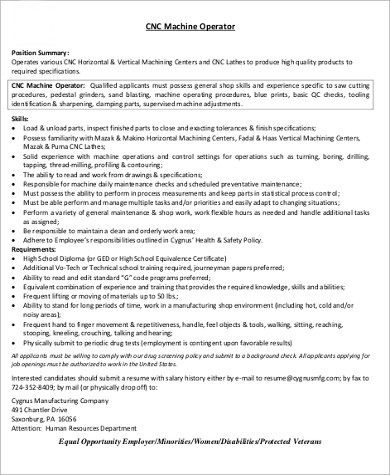 sample cnc machine operator resume