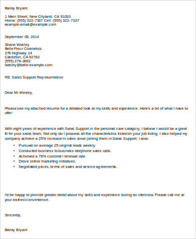 sales support associate cover letter example