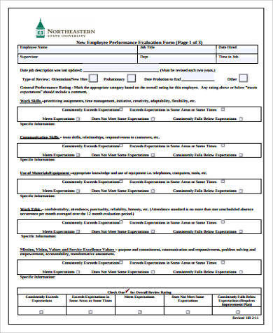 free new employee performance evaluation form