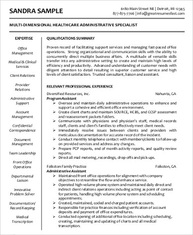sample healthcare administrative resume