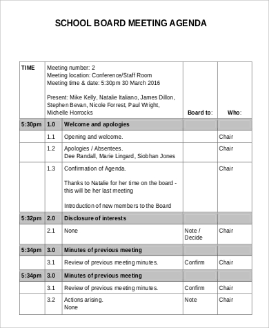 school board meeting agenda