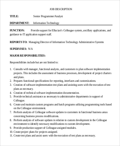 senior programmer analyst job description responsibilities