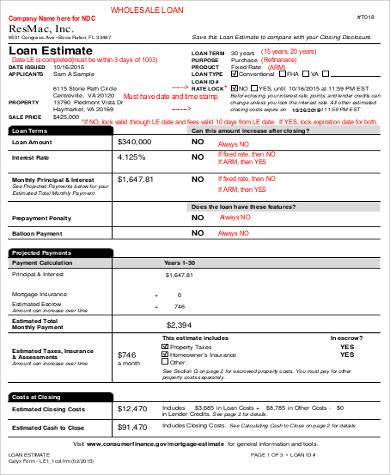 loan estimate form example