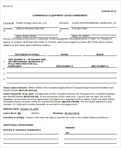 commercial equipment lease agreement