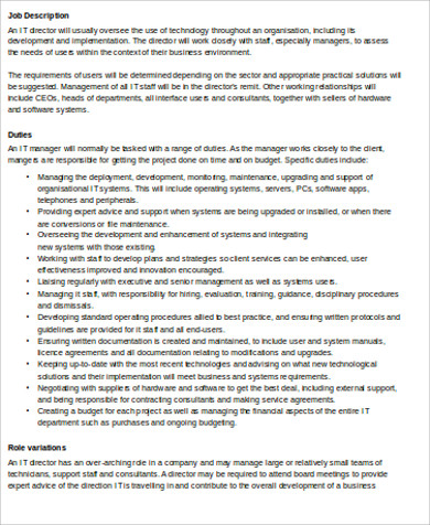 it managing director job description