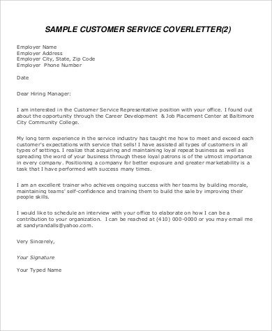 sample customer service cover letter