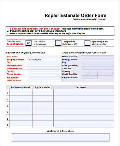 repair estimate order form example