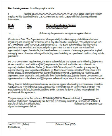 purchase agreement for military surplus vehicle